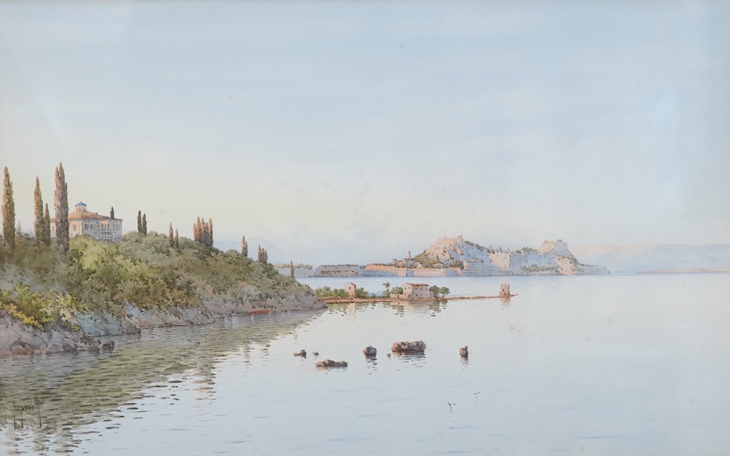 Spyridon Scarvelli (Greek, 1868-1942), Corfu, signed, Thomas Agnew & Sons framing label verso, 29 x 46cm, gilt framed